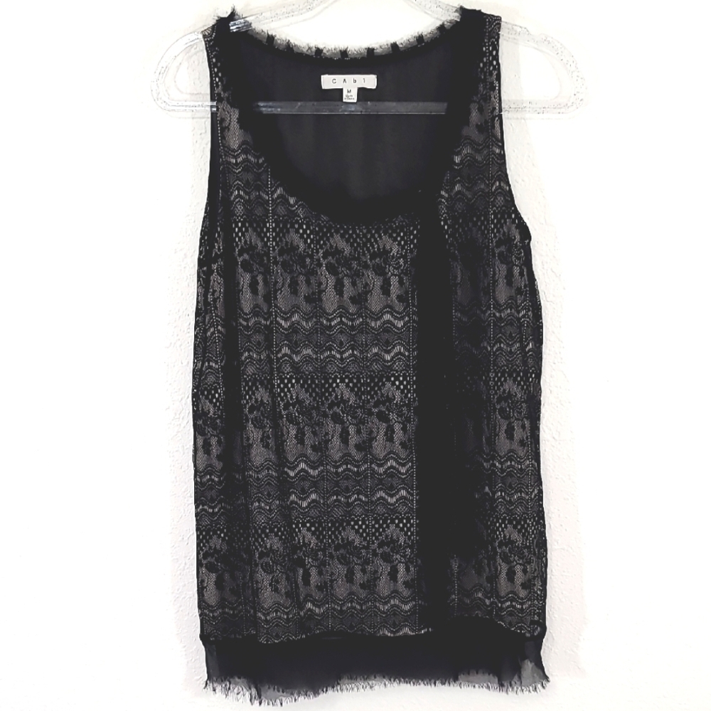 CAbi Emily Top Style 552 Black Lace Overlay Sleeveless Top Raw Hem/Neckline, M
